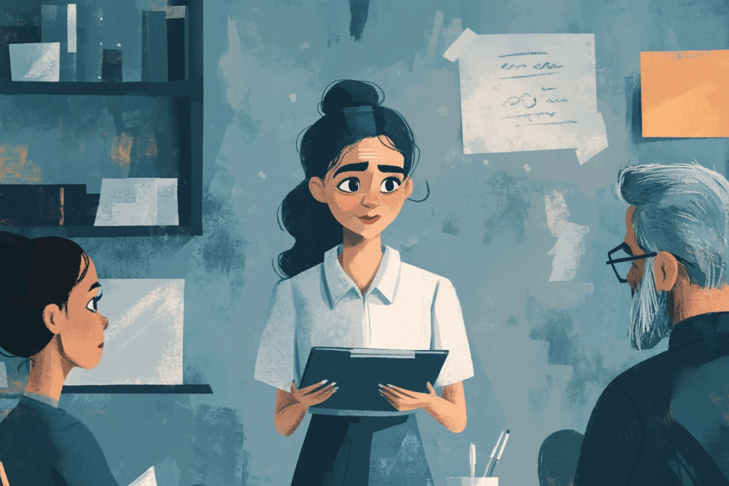 Illustration of a nervous woman holding a clipboard while speaking with two people, showing early warning signs of stress and risk before a crisis.