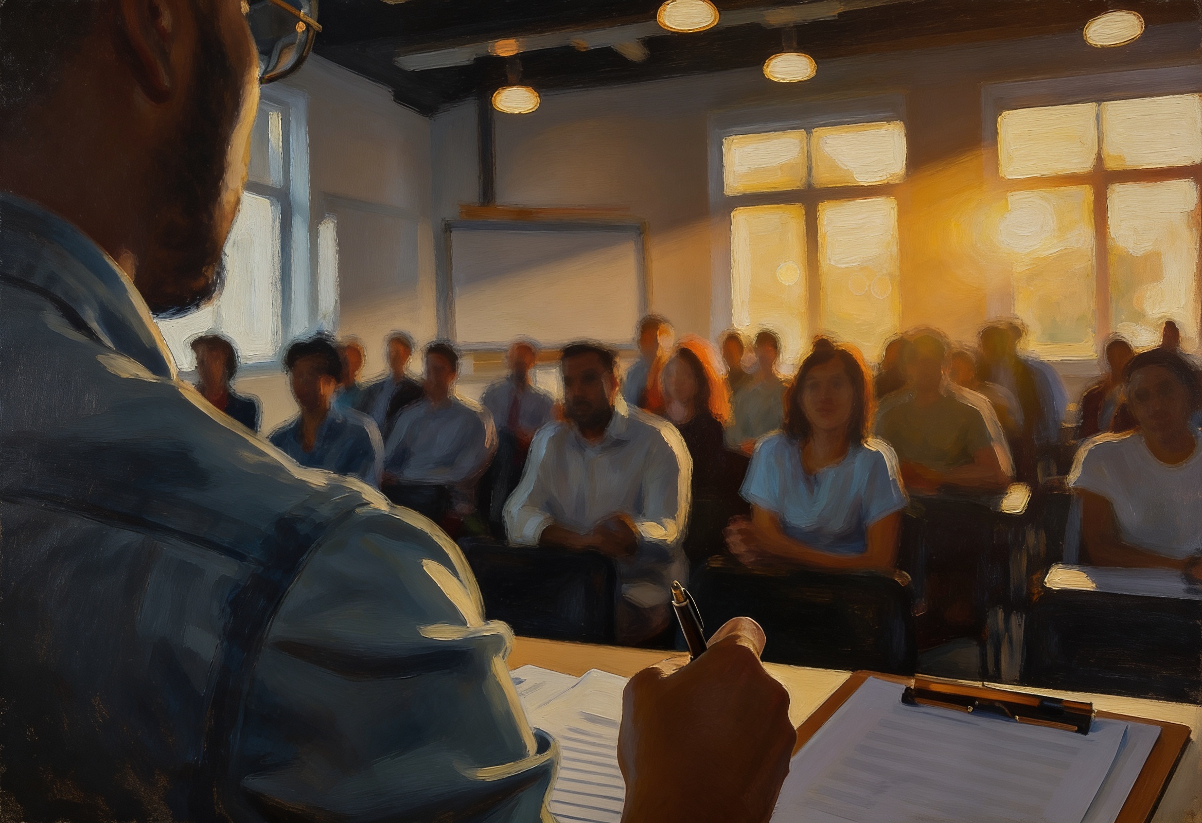 A speaker leads a classroom discussion with attendees, representing prevention, escalation, and the consequences of failed early action.