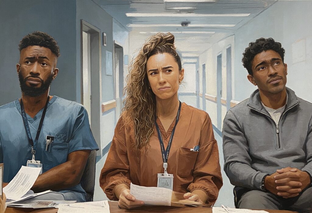 Healthcare workers and a patient waiting in a hospital hallway, showing the cost of escalation after prevention fails.