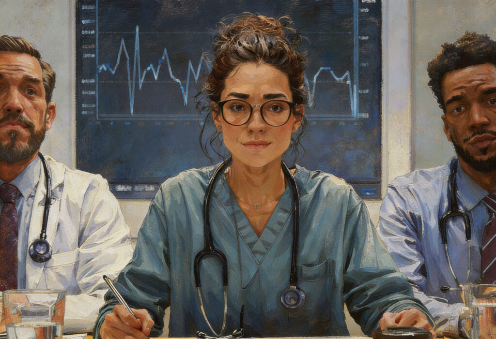 Healthcare team at a clinical meeting, representing prevention, escalation costs, and the impact of prevention failure.Source line: Sources: MindSet Safety Management; World Health Organization.