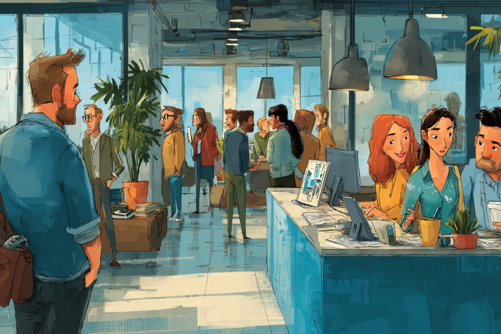 Employees interacting in a modern workplace, illustrating psychological safety in the workplace through trust, collaboration, and supportive team relationships.