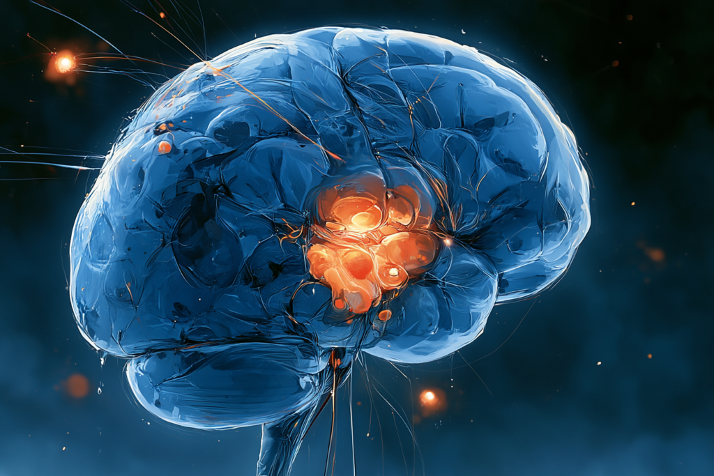 Illustrated human brain with an activated stress-response center showing what happens to the brain during a crisis.