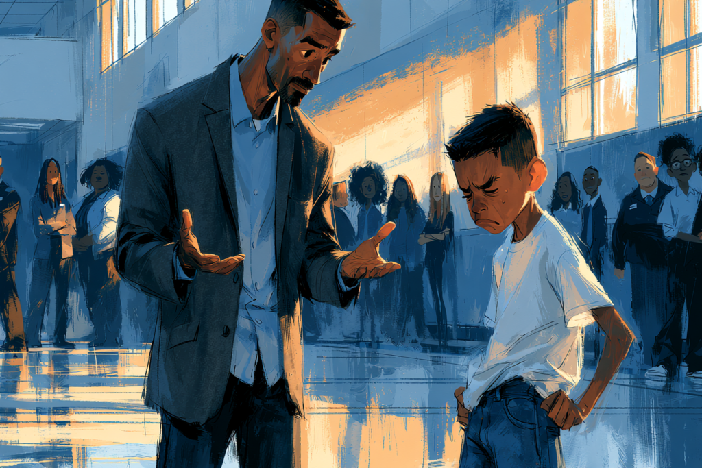 Teacher speaking with an upset student during a school crisis while classmates and staff watch.