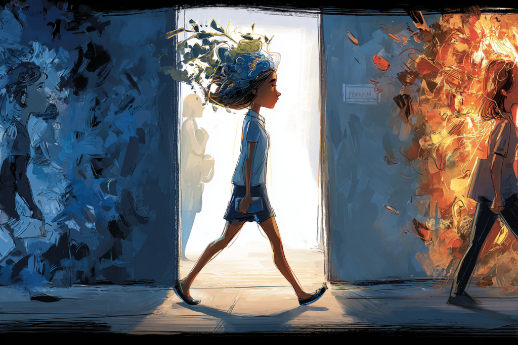 Student walking from emotional overload toward calm, representing brain recovery during a crisis.