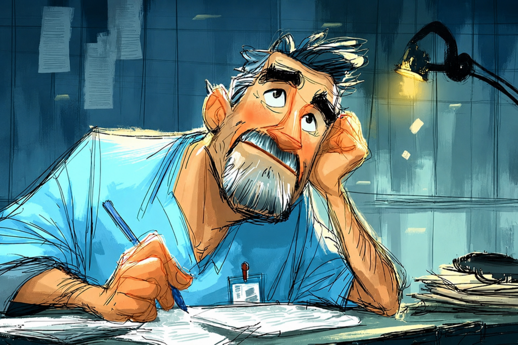 Hospital worker taking a quiet moment after an emotionally demanding shift.