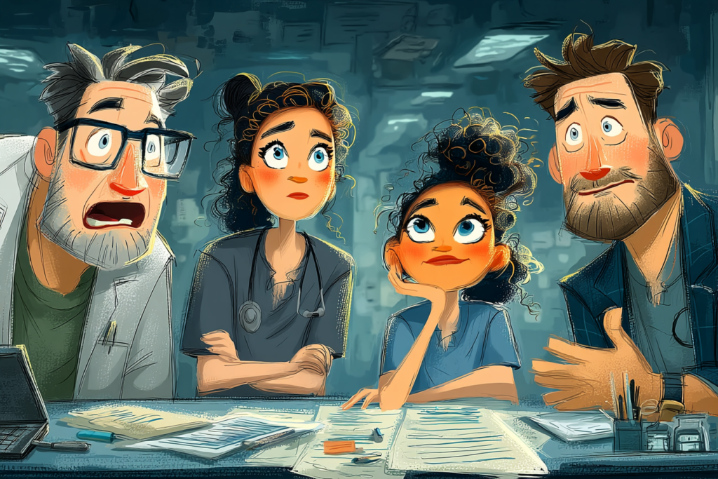 Healthcare professionals working under pressure during a demanding situation.