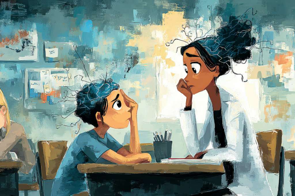 Educator comforting an overwhelmed student during a classroom crisis as stress affects the brain.