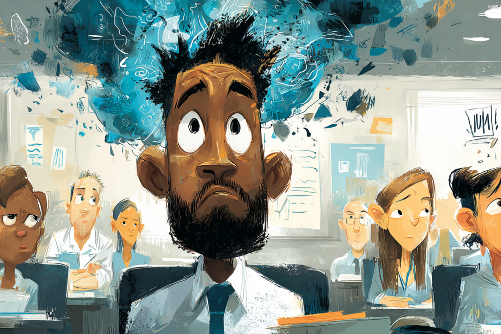 Overwhelmed educator in a classroom showing how the brain reacts during a crisis.