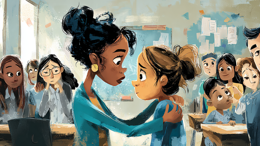 Educator reassuring a student in class to help the brain recover during a crisis.