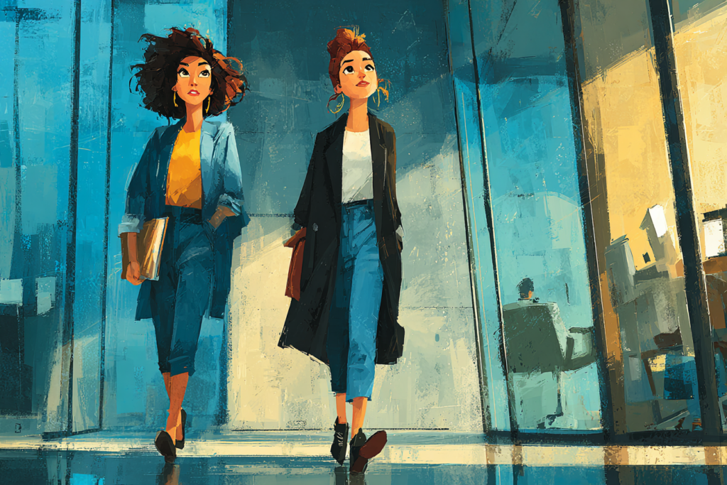 Two professionals walking through a modern office hallway while having an open conversation, representing leadership communication and psychological safety in the workplace.
