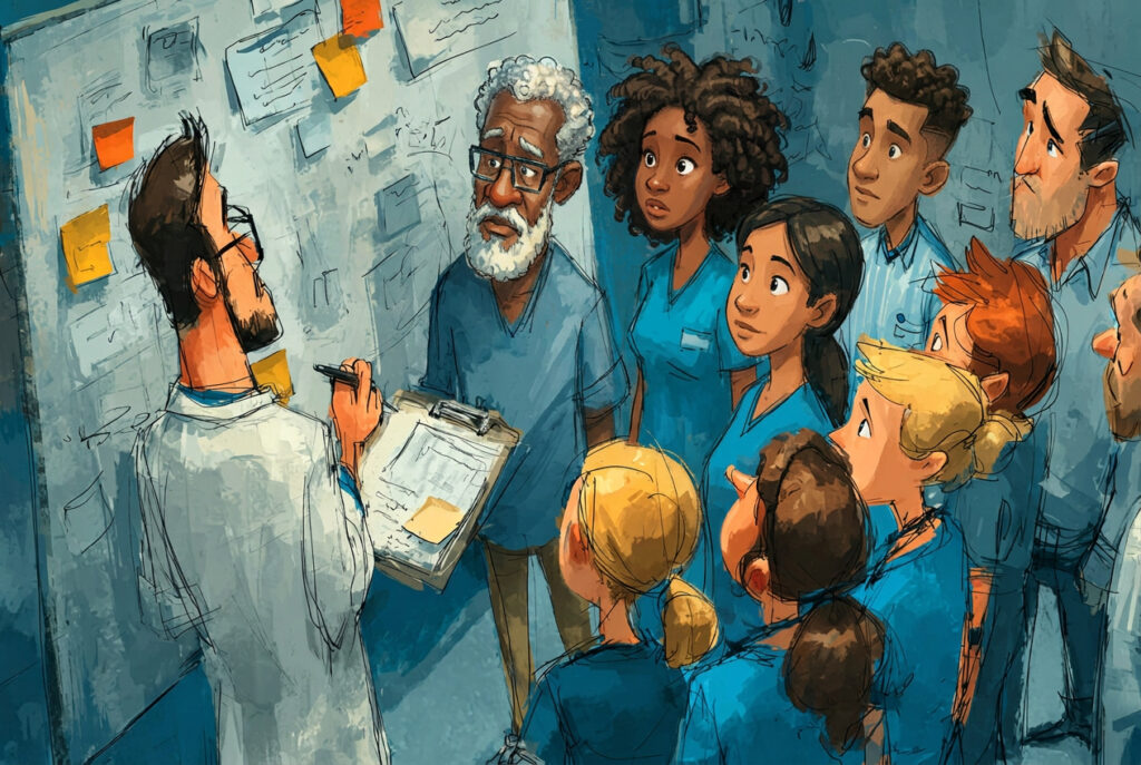 Healthcare team reviewing a planning board for Psychological Safety: The Hidden Factor Behind Strong Teams and Fewer Crises.