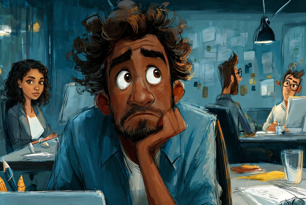 An employee quietly reflecting at a workstation in a modern office, symbolizing the importance of speaking up and crisis prevention in the workplace.