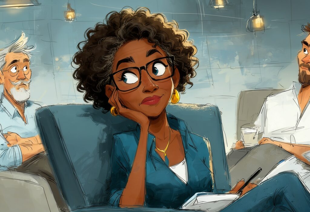 An executive attentively listening to employees in a comfortable office setting, illustrating empathetic leadership and psychological safety in the workplace.