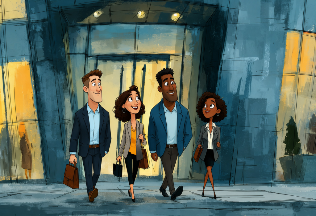 Four professionals leaving a modern office building together at the end of the workday, reflecting a positive workplace culture built on psychological safety, trust, and team connection.