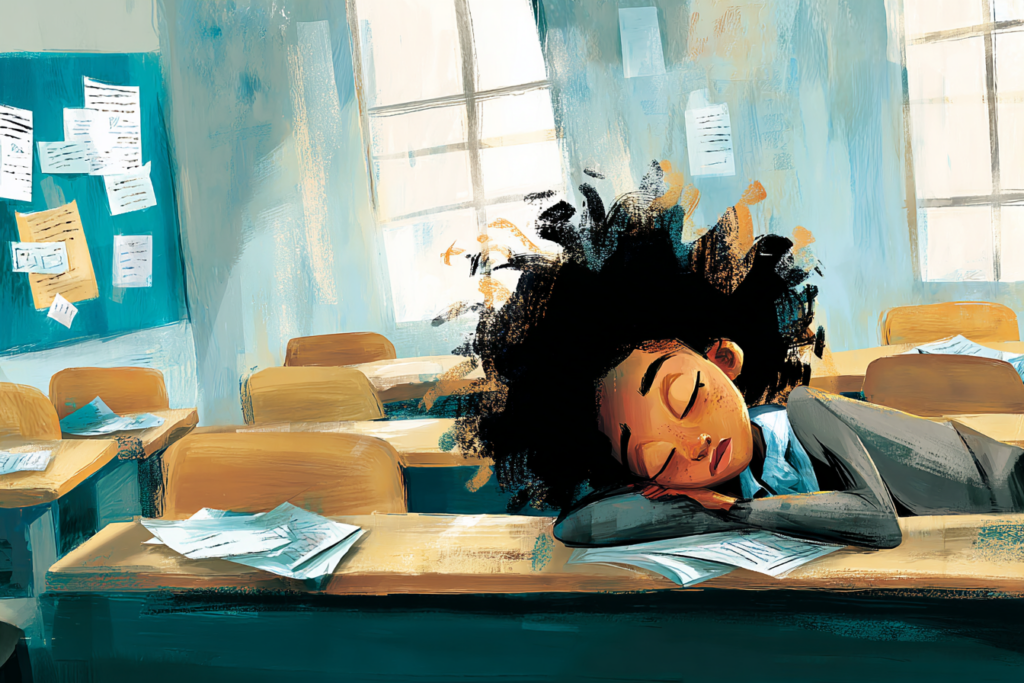 Exhausted teacher resting at a desk in a classroom, illustrating the need for regulated adults in safe schools.