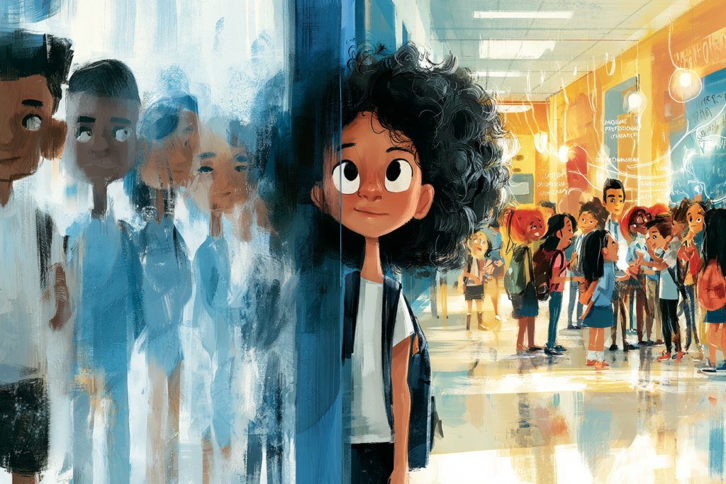A school hallway divided: on the left, translucent teachers fading away, representing the loss of institutional knowledge; on the right, warm and secure connections between teachers and students, illustrating the strength of a prevention culture.