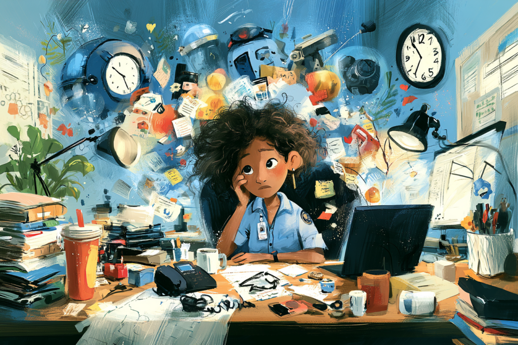 Conceptual illustration showing workplace factors that contribute to staff turnover in high-stress environments.