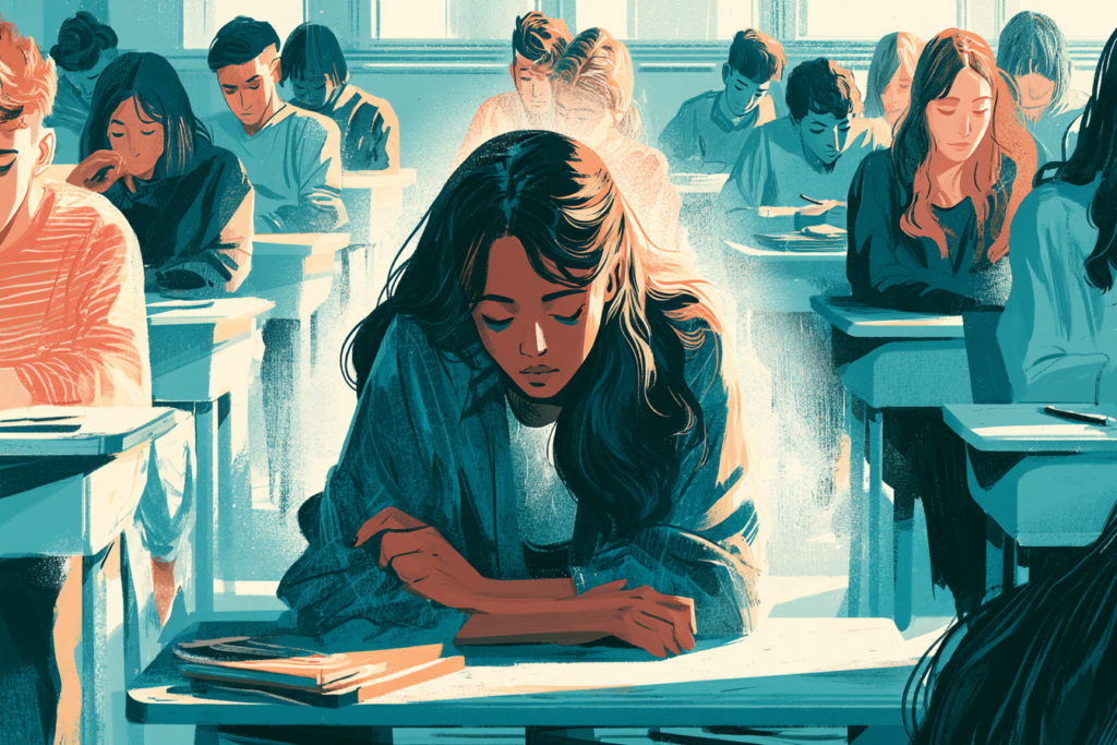 Conceptual illustration of a quiet student showing subtle signs of withdrawal that may indicate early distress.