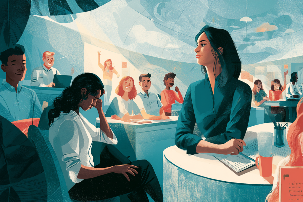 Illustration of a quiet student appearing disengaged in a classroom while subtle visual cues suggest withdrawal rather than cooperation.