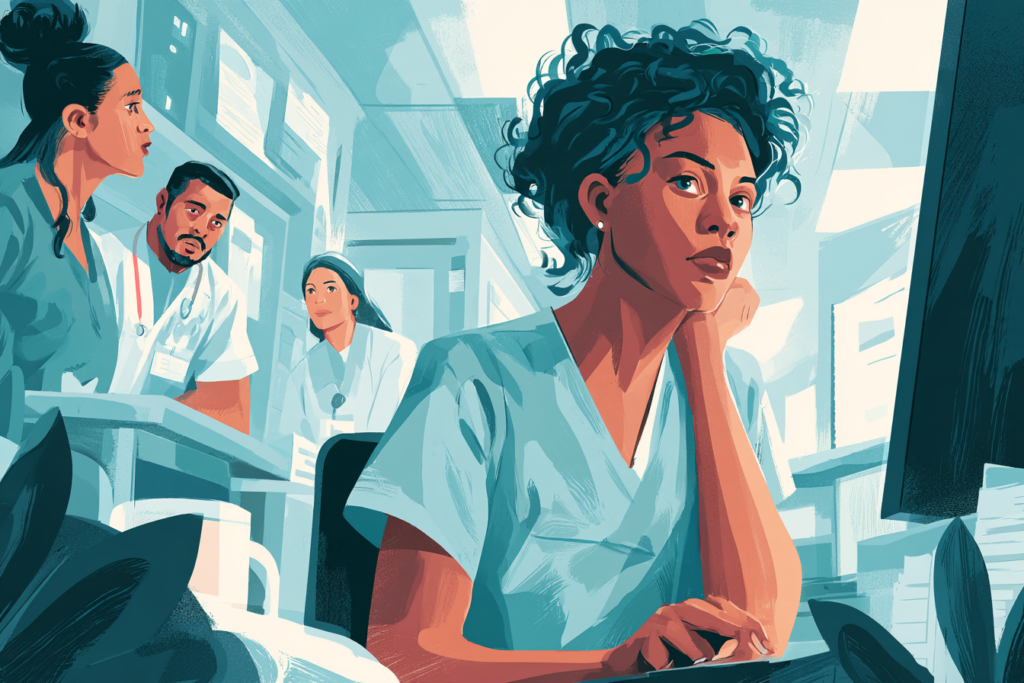 Black nurse documenting a workplace violence incident in a hospital emergency department.