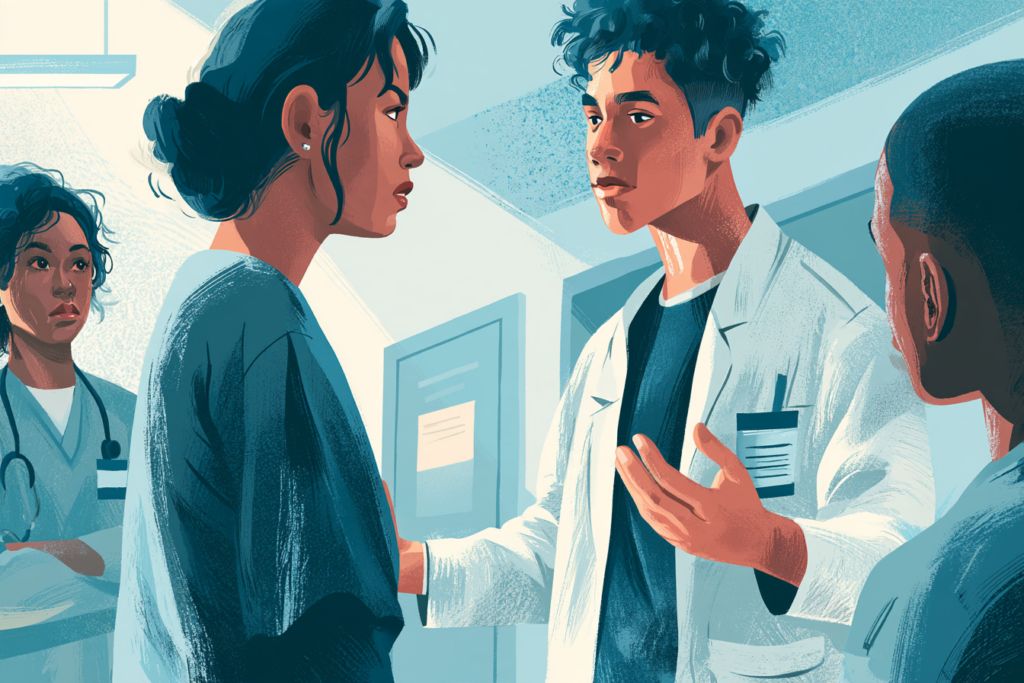 Latina behavioral health clinician using calm communication with a Black patient experiencing a crisis.