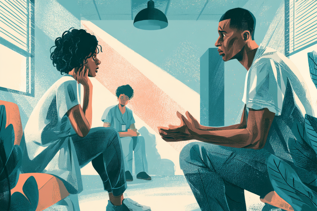 Black psychiatric nurse experiencing a tense verbal interaction with a patient in a behavioral health setting.
