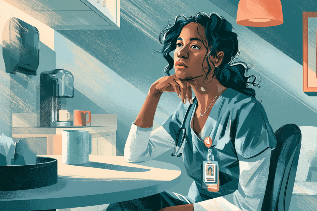 Black nurse sitting alone after a difficult shift, reflecting the emotional impact of workplace violence on healthcare staff.