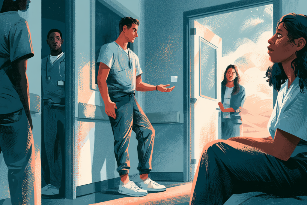 Text: Latina behavioral health clinician using verbal de-escalation to calm a distressed Black patient.