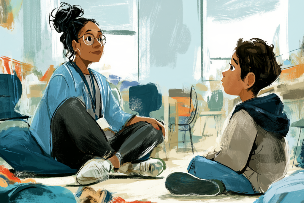 Black school counselor using co-regulation strategies with a Latino student in a sensory-friendly classroom.