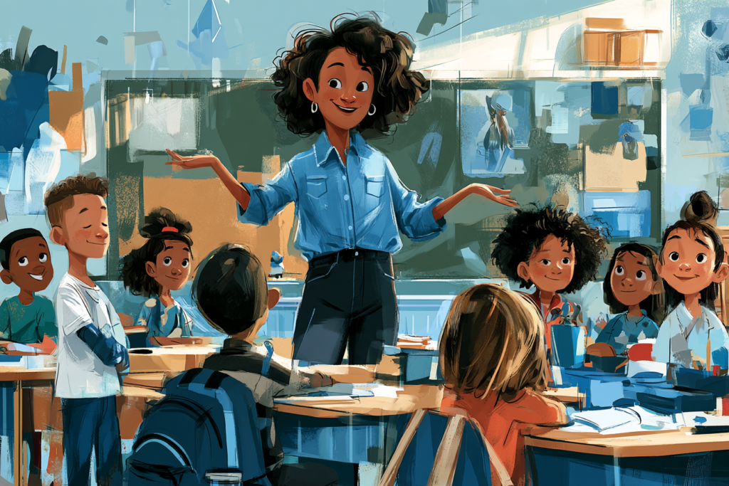 Black teacher leading a calm, predictable classroom routine with diverse students as a universal prevention strategy.