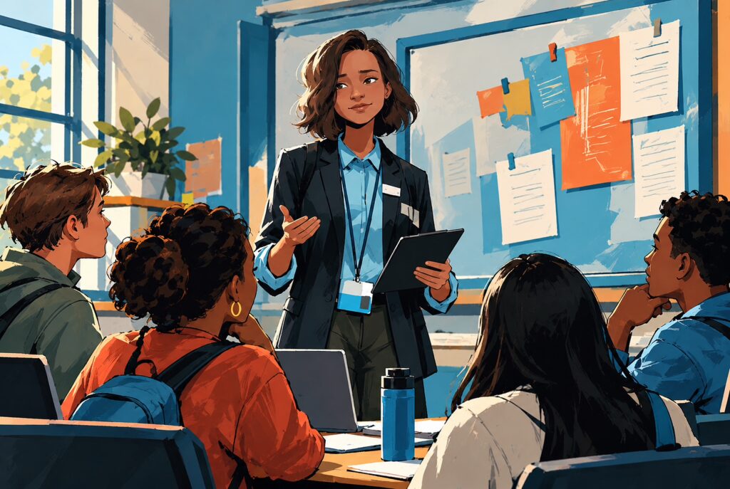 Black educator supporting diverse group of students through conflict in a school setting.